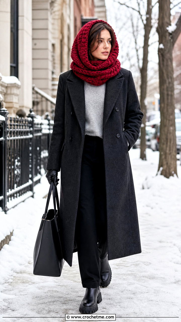 Chunky Crochet Head Scarf With Wool Coat And Lug Boots - 35 crochet head scarf outfit ideas