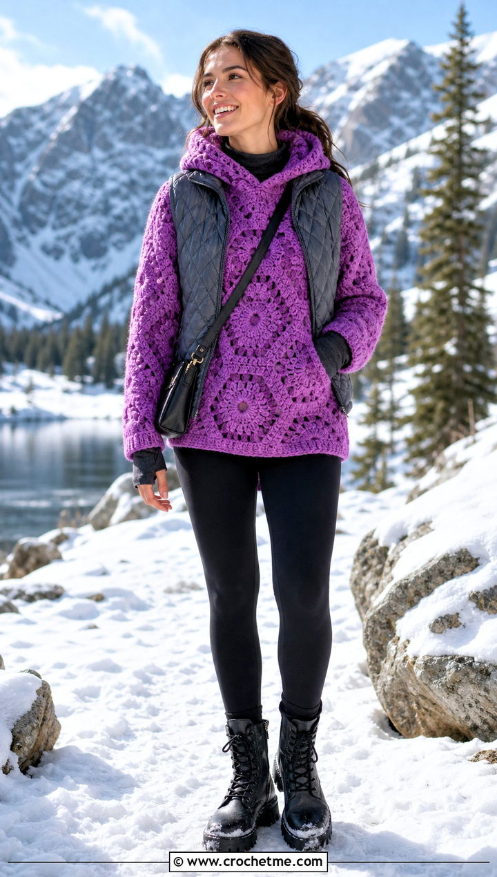 Chunky Crochet Hexagon Hoodie With Leggings - 30 crochet hexagon hoodie outfit ideas