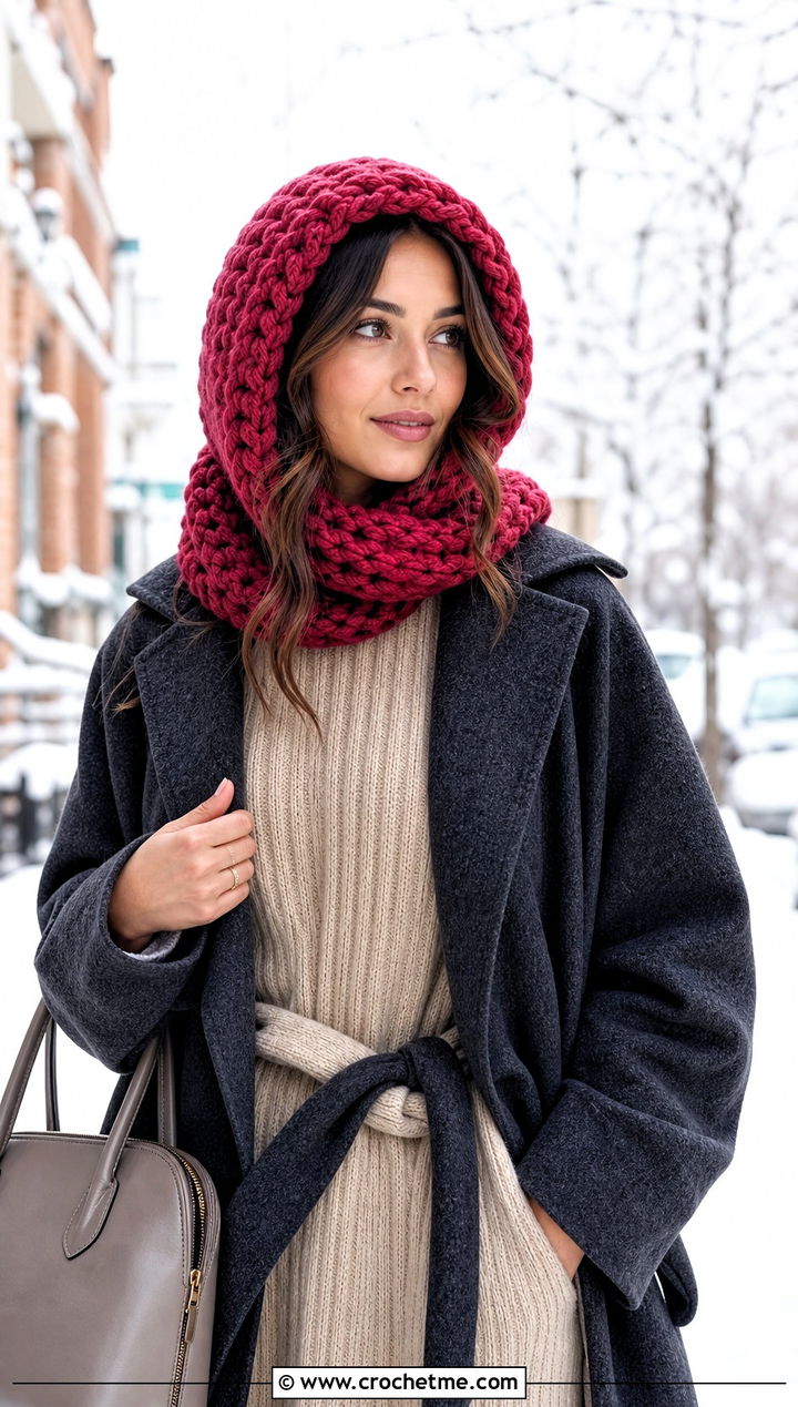 Chunky Crochet Hood Hat With Sweater Dress - 25 crochet hood hat outfit ideas