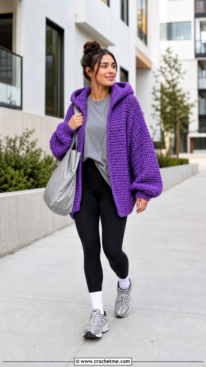 Chunky Crochet Hooded Cardigan With Leggings - 35 crochet hooded cardigan outfit ideas