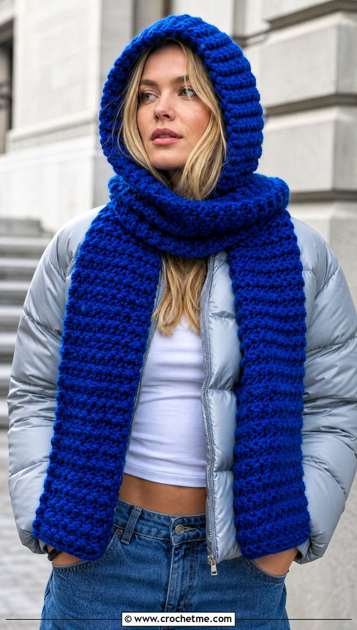 Chunky Crochet Hooded Scarf With Puffer Jacket Outfit - 30 crochet scarf with hood outfit ideas
