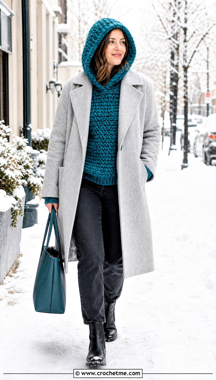 Chunky Crochet Hooded Sweater With Wool Coat - 30 crochet hooded sweater outfit ideas
