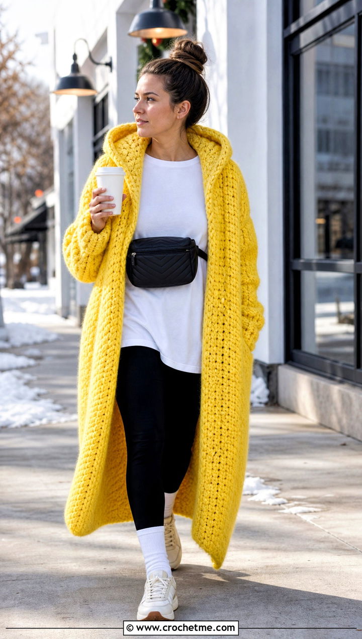 Chunky Crochet Hoodie Blanket With Black Leggings - 25 crochet hoodie blanket outfit ideas