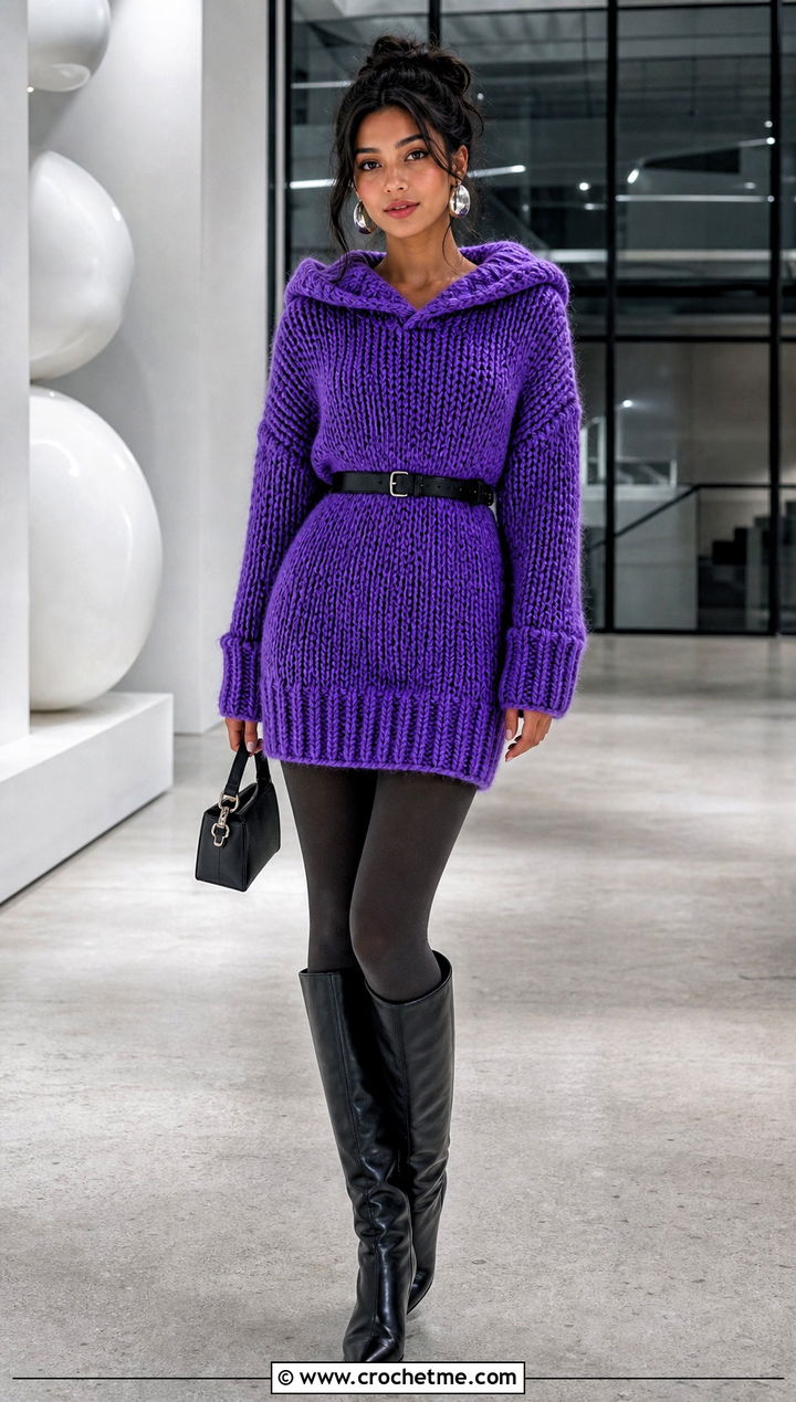 Chunky Crochet Hoodie Dress With Knee High Boots - 25 crochet chunky hoodie outfit ideas
