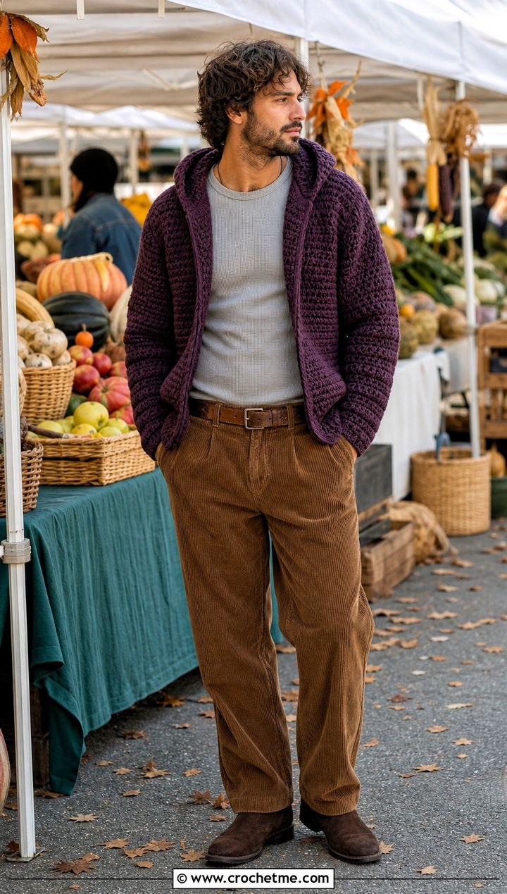 Chunky Crochet Hoodie With Corduroy Pants - 35 crochet hoodie for men outfit ideas