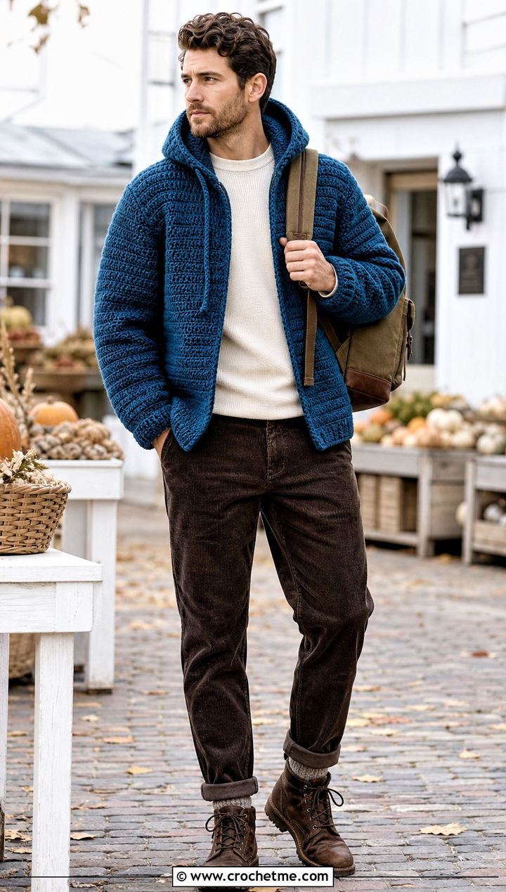 Chunky Crochet Hoodie With Corduroy Pants - 30 crochet mens hoodie outfit ideas