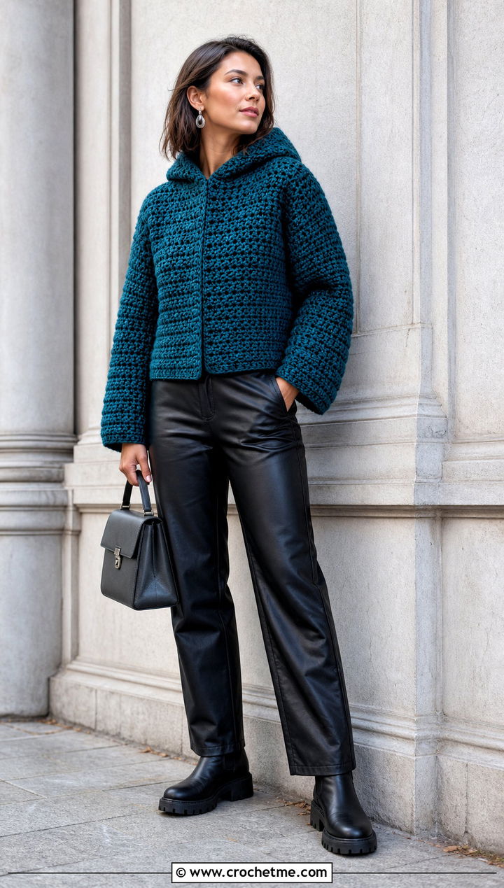 Chunky Crochet Hoodie With Leather Pants - 25 Easy Crochet Hoodie outfit ideas