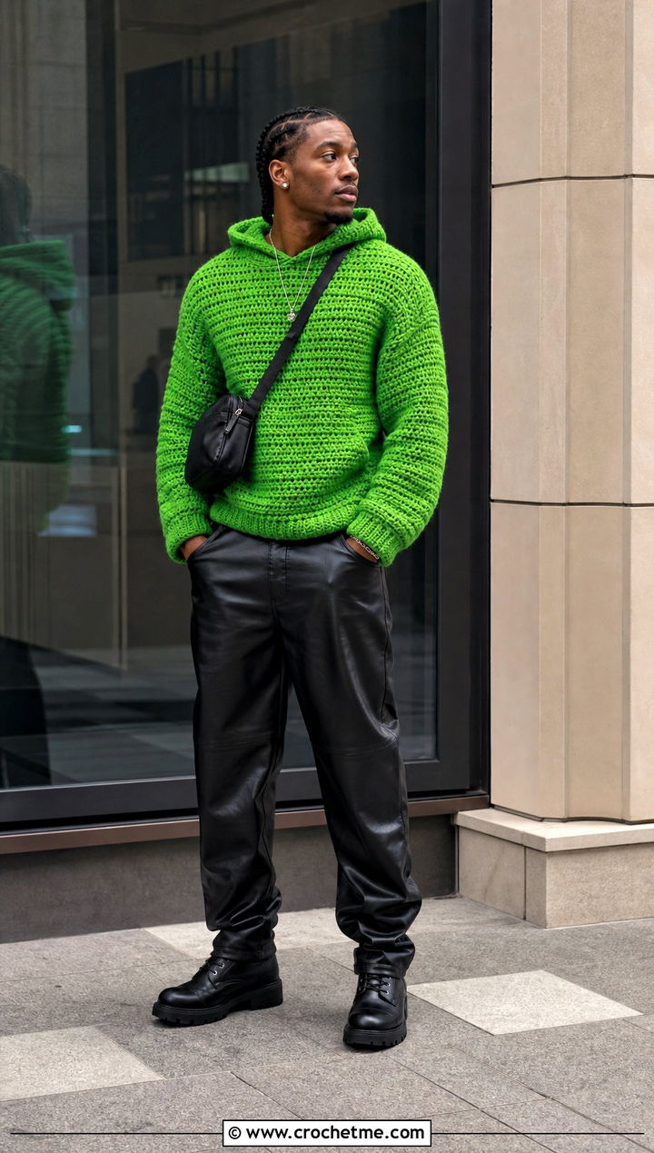 Chunky Crochet Hoodie With Leather Pants - 30 Crochet Hoodies For Men outfit ideas