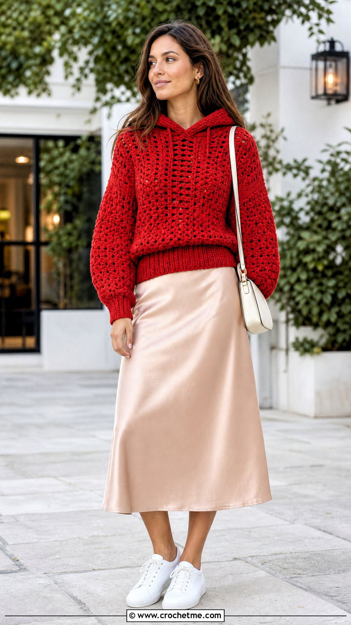 Chunky Crochet Hoodie With Satin Midi Skirt - 35 crochet hoodie outfit ideas