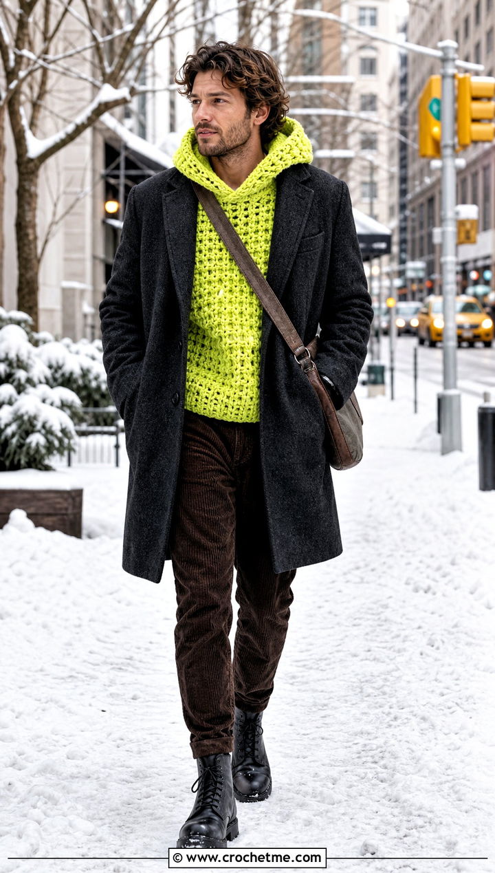 Chunky Crochet Hoodie With Wool Coat And Corduroy Pants - 25 Crochet Hoodie Men outfit ideas