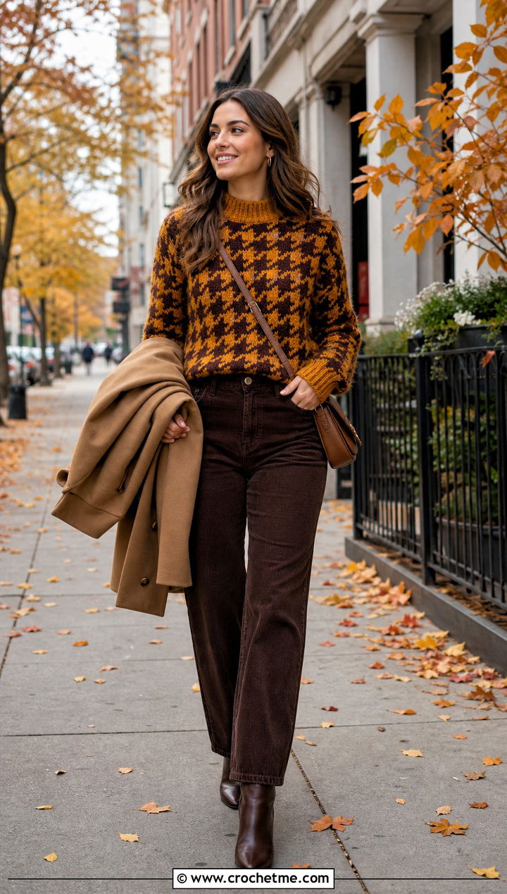 Chunky Crochet Houndstooth Sweater With Corduroy Pants - 35 crochet houndstooth sweater outfit ideas