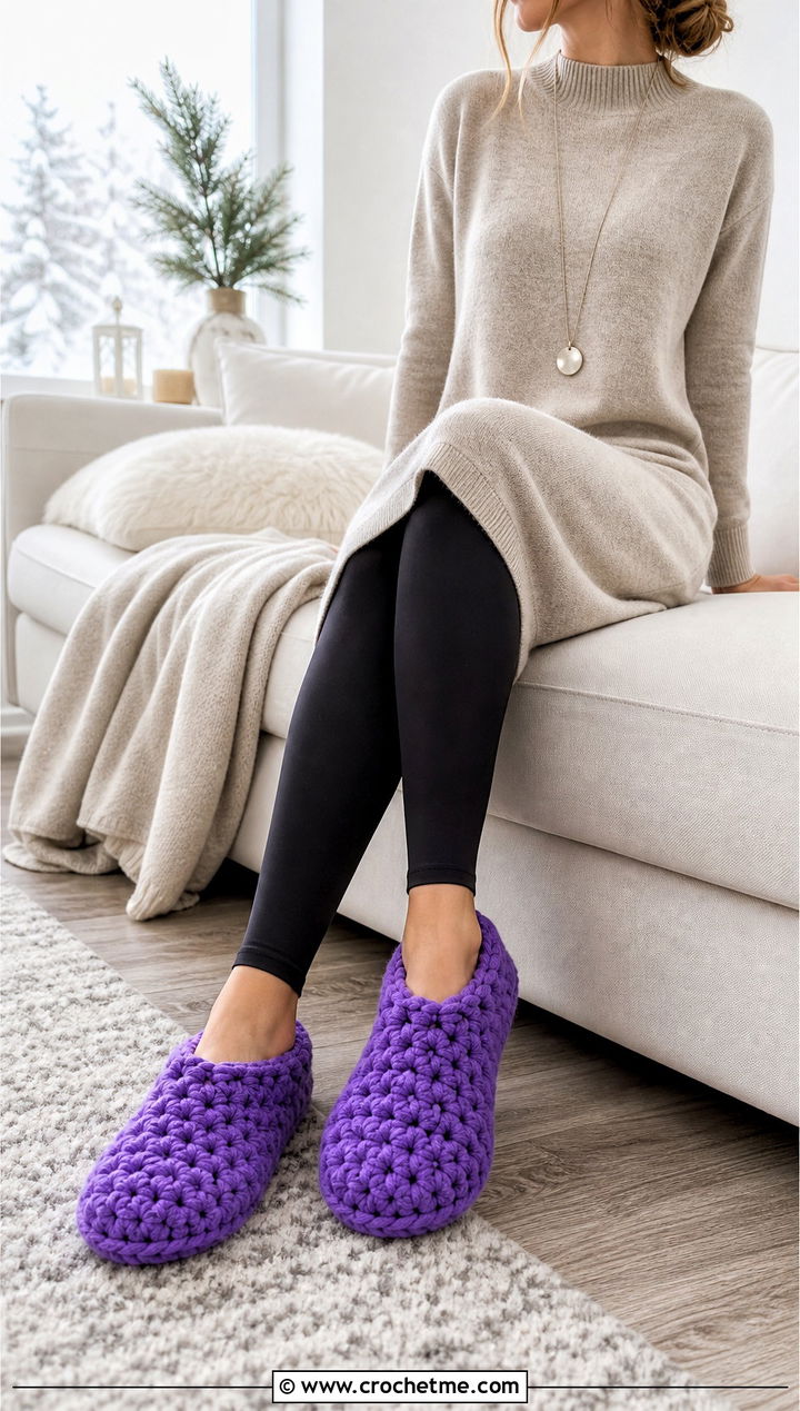Chunky Crochet House Slippers With Sweater Dress And Leggings - 15 Easy Crochet House Slippers Stephanie Zed outfit ideas