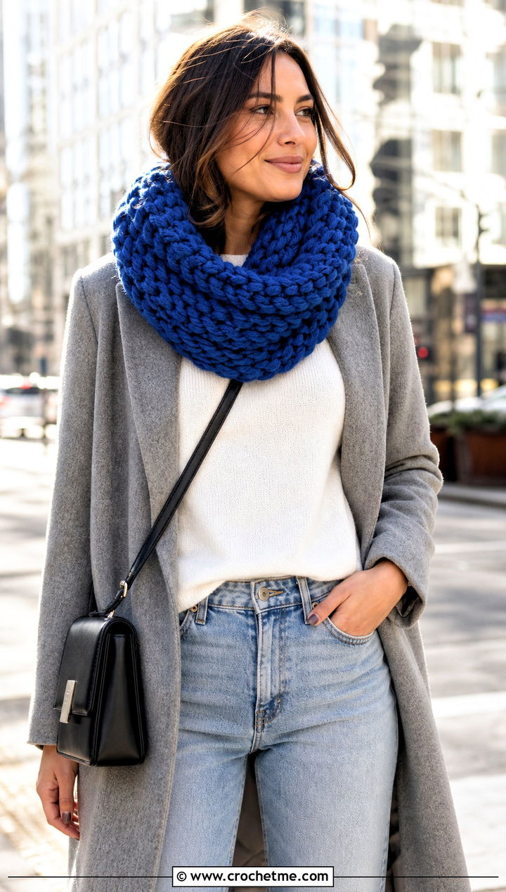 Chunky Crochet Infinity Scarf With Jeans And Wool Coat - 20 Crochet Loop Scarf outfit ideas