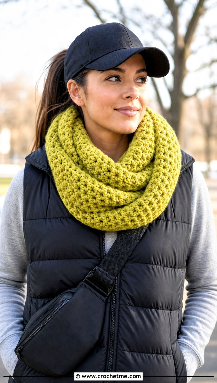 Chunky Crochet Infinity Scarf With Puffer Vest - 15 Crochet Scarves Chunky Yarn outfit ideas