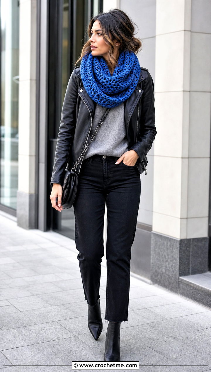 Chunky Crochet Infinity Scarf With a Moto Jacket - 35 Crochet Winter Outfits ideas