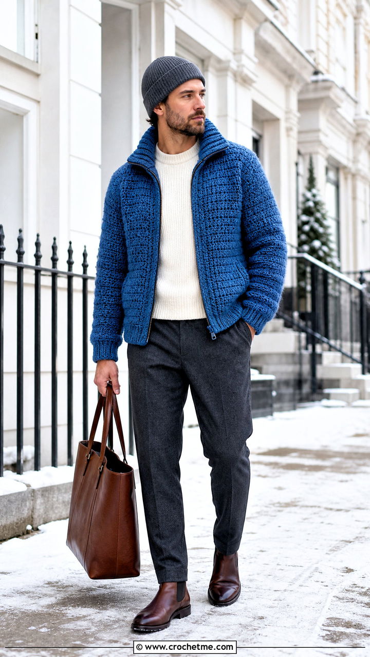 Chunky Crochet Jacket With Flannel Trousers - 35 crochet jacket for men outfit ideas