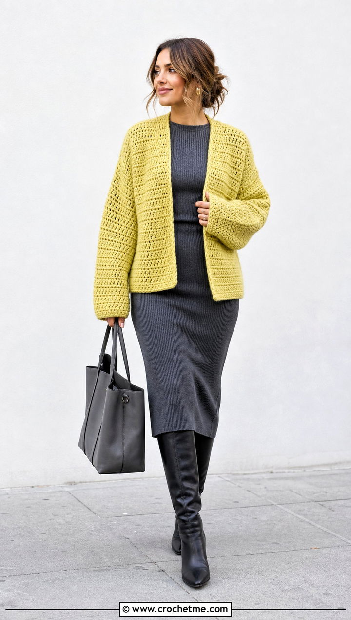 Chunky Crochet Jacket With Knit Dress - 25 crochet clothes jacket outfit ideas