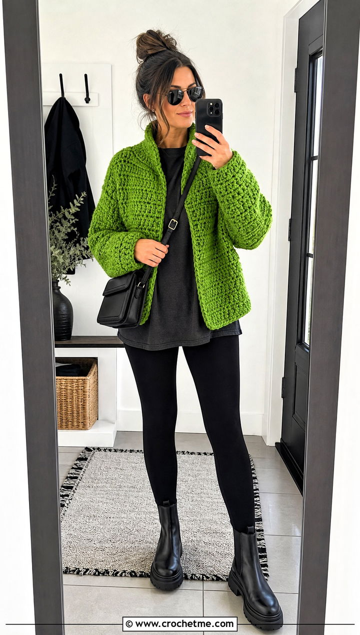 Chunky Crochet Jacket With Leggings And Boots - 20 Crochet Ladies Jacket outfit ideas
