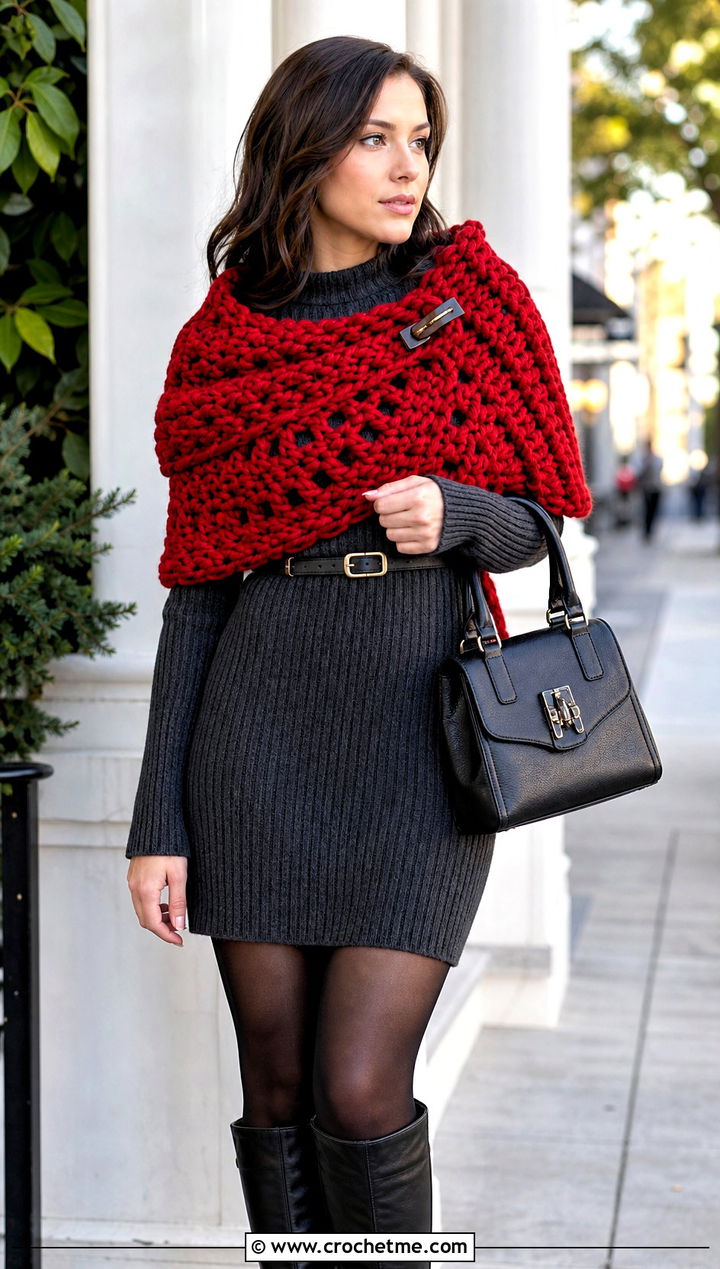 Chunky Crochet Katniss Shoulder Wrap With Sweater Dress - 20 Crochet Katniss Shawl outfit ideas