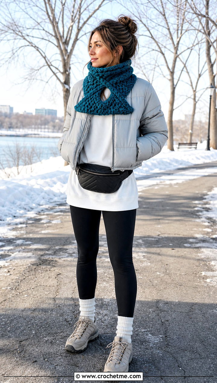 Chunky Crochet Keyhole Scarf With Puffer Jacket - 35 crochet keyhole scarf outfit ideas