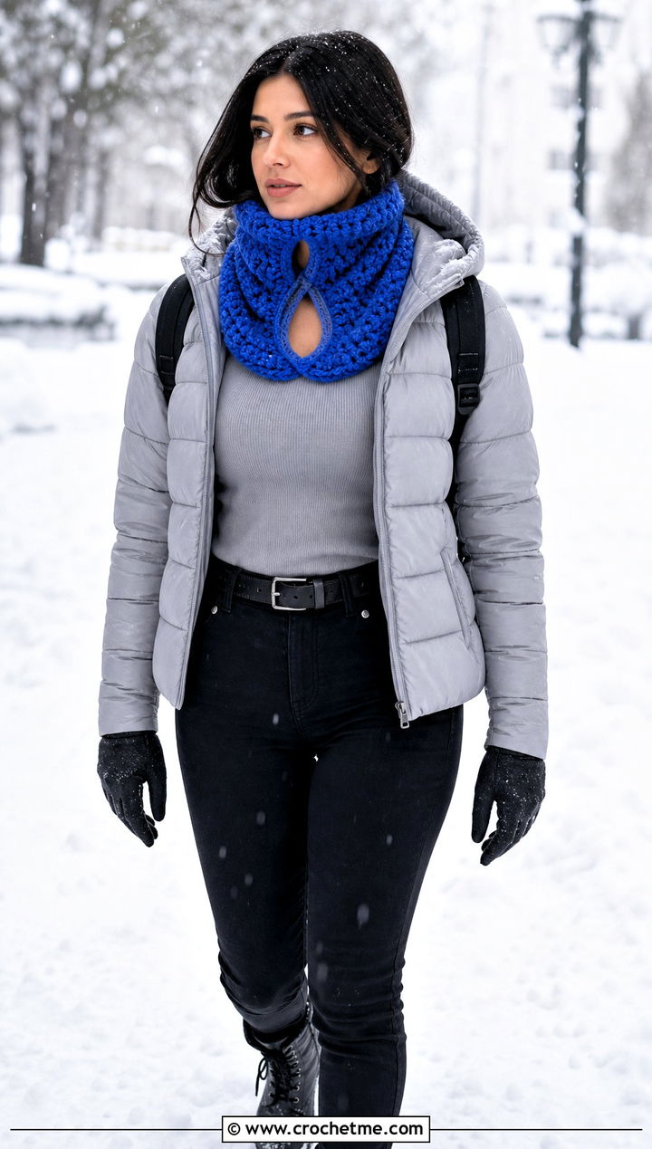 Chunky Crochet Keyhole Scarf With Puffer Jacket - 30 mini crochet scarf outfit ideas