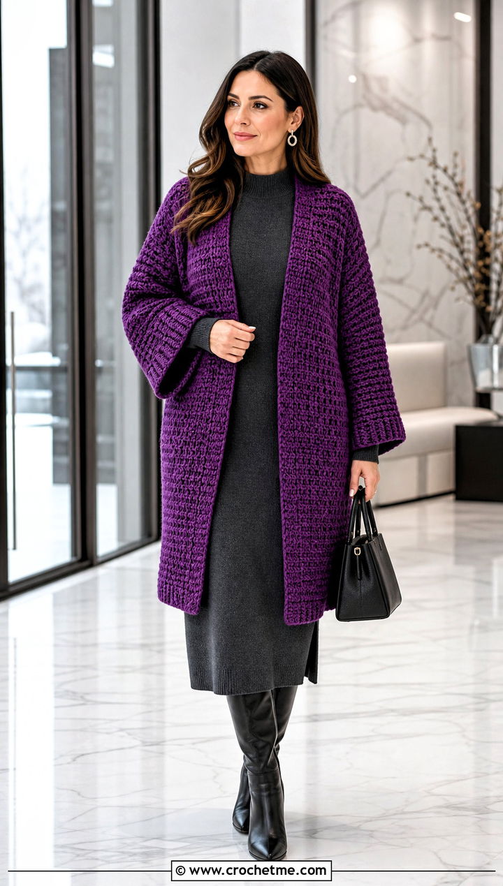 Chunky Crochet Kimono Cardigan With Knit Midi Dress - 35 crochet kimono cardigan outfit ideas