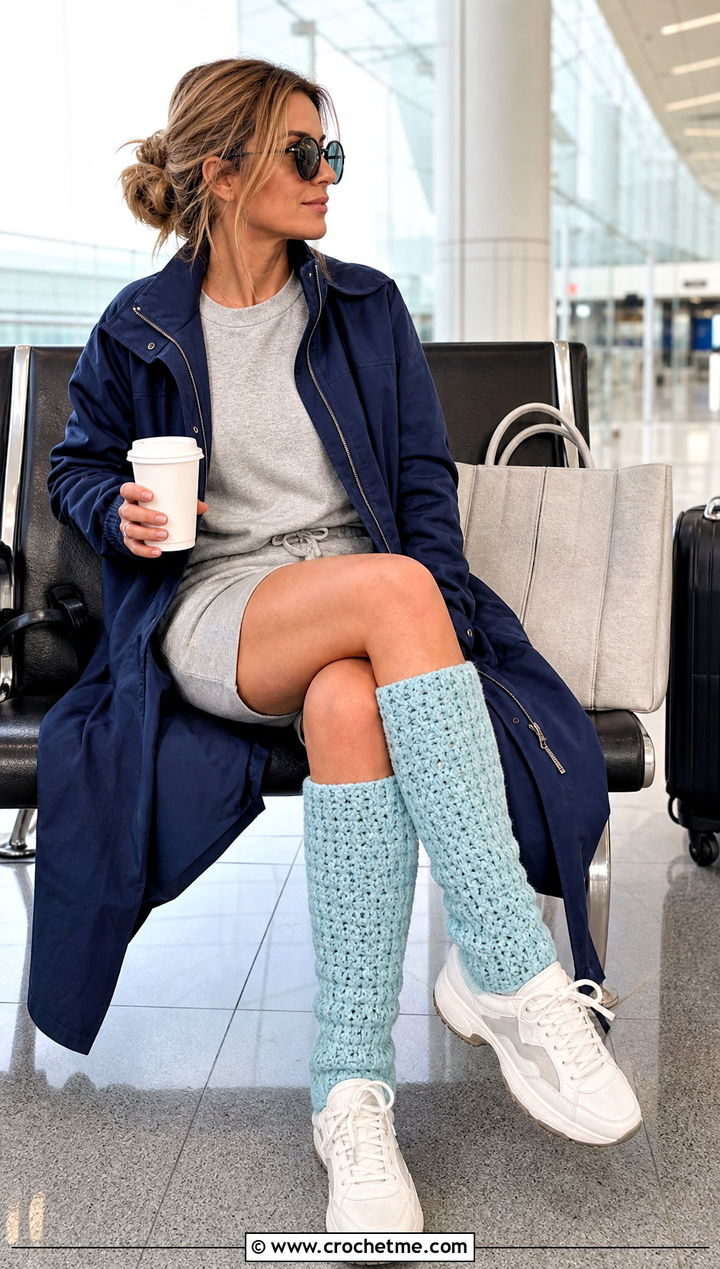Chunky Crochet Knee High Socks With Airport Outfit - 30 crochet long socks outfit ideas