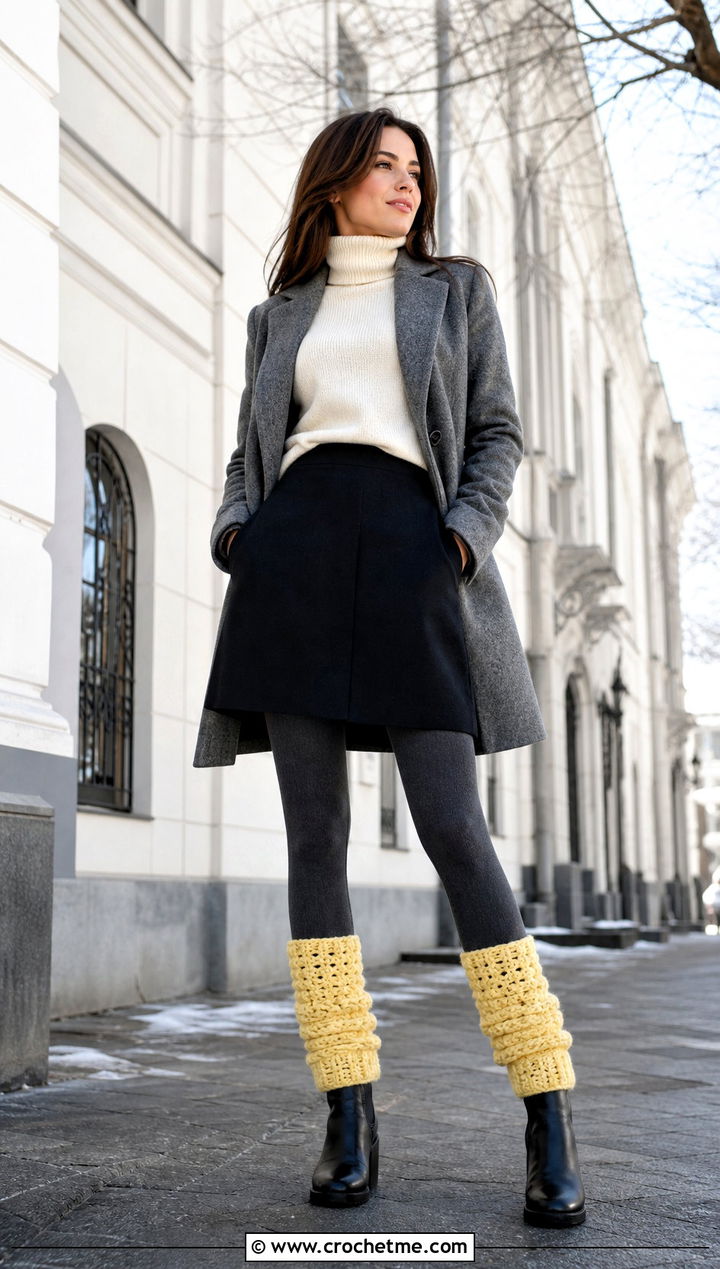 Chunky Crochet Leg Warmers With Mini Skirt And Boots - 25 Crochet Legwarmer outfit ideas