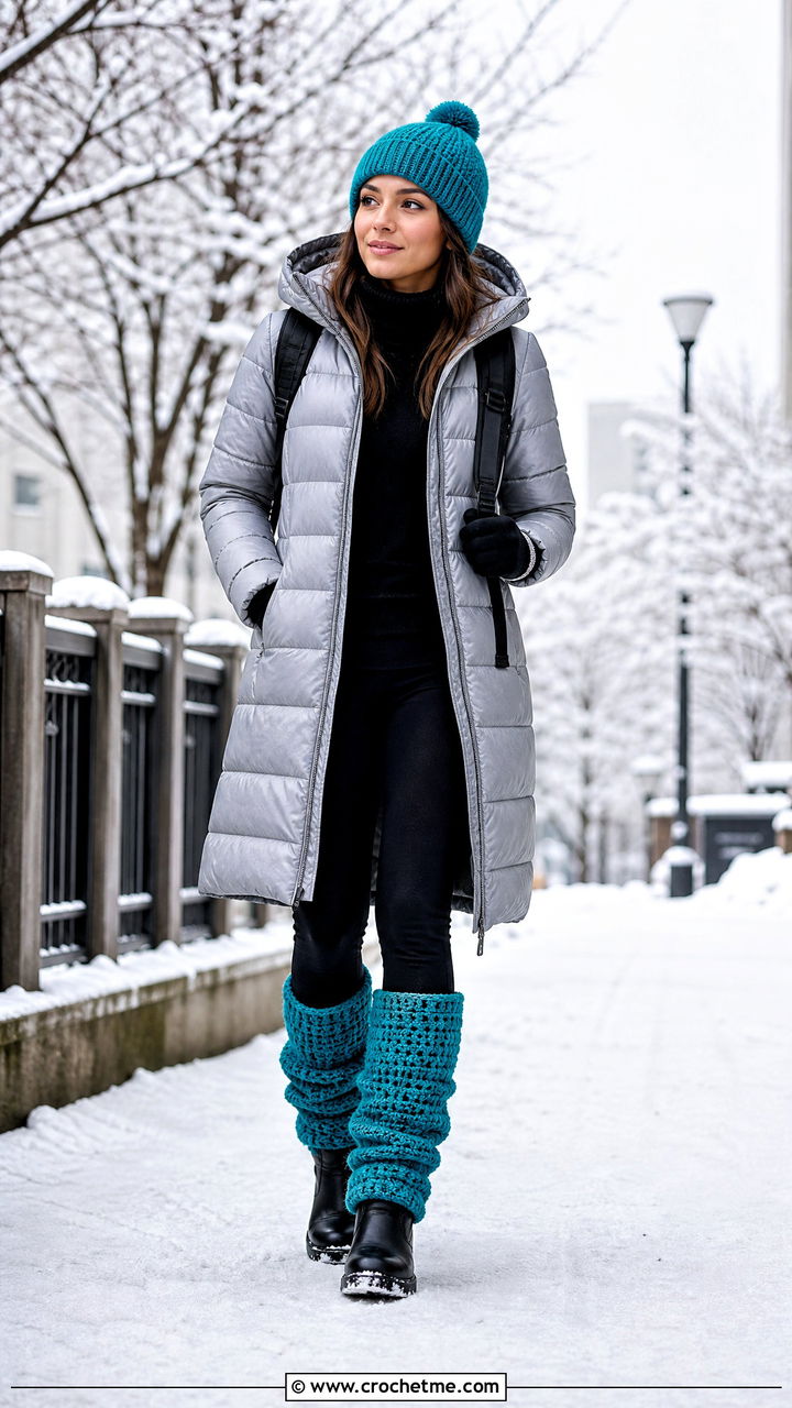 Chunky Crochet Leg Warmers With Puffer Coat And Snow Boots - 35 crochet leg warmer outfit ideas
