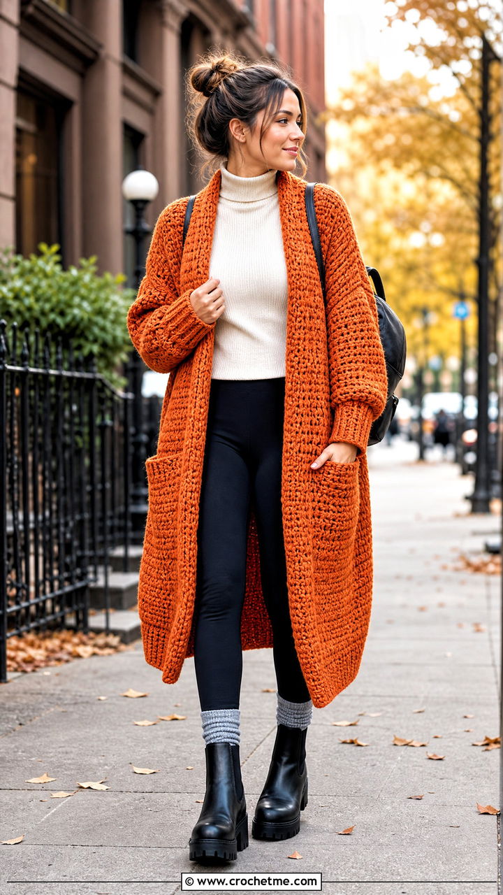 Chunky Crochet Long Cardigan With Leggings - 35 crochet long cardigan outfit ideas