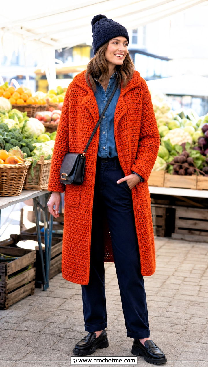 Chunky Crochet Long Jacket With a Denim Shirt - 35 crochet long jacket outfit ideas