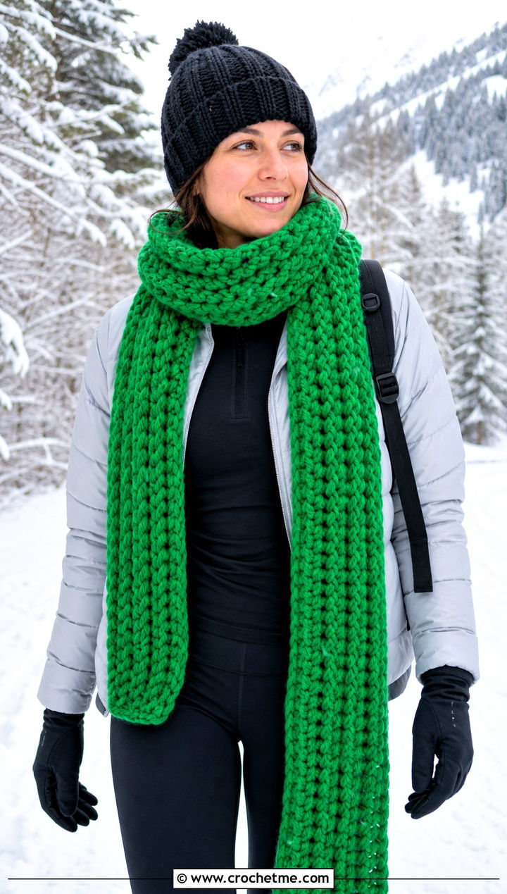 Chunky Crochet Long Scarf With Puffer Jacket And Leggings - 25 Crochet Long Scarf outfit ideas