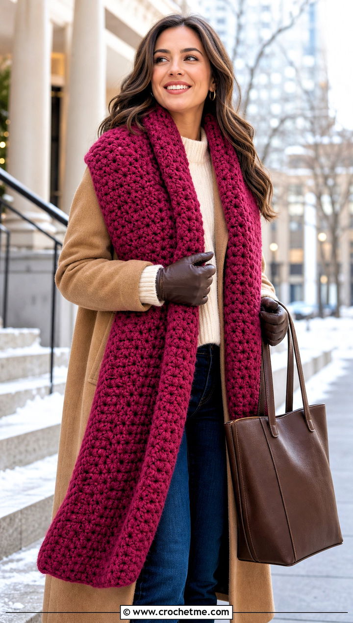 Chunky Crochet Long Shawl With Wool Coat - 20 Crochet Long Shawl outfit ideas