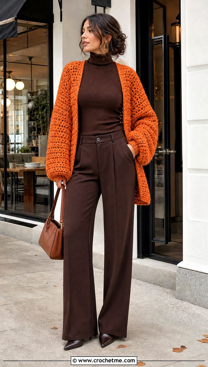 Chunky Crochet Long Sleeve Shrug With Turtleneck And Wide Leg Pants - 30 crochet long sleeve shrug outfit ideas