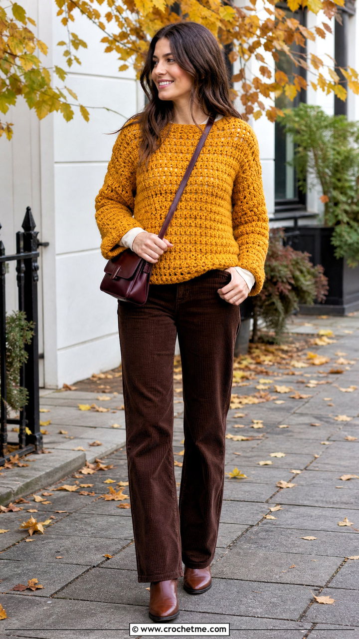 Chunky Crochet Long Sleeve Top With Corduroy Pants - 35 crochet long sleeve top outfit ideas