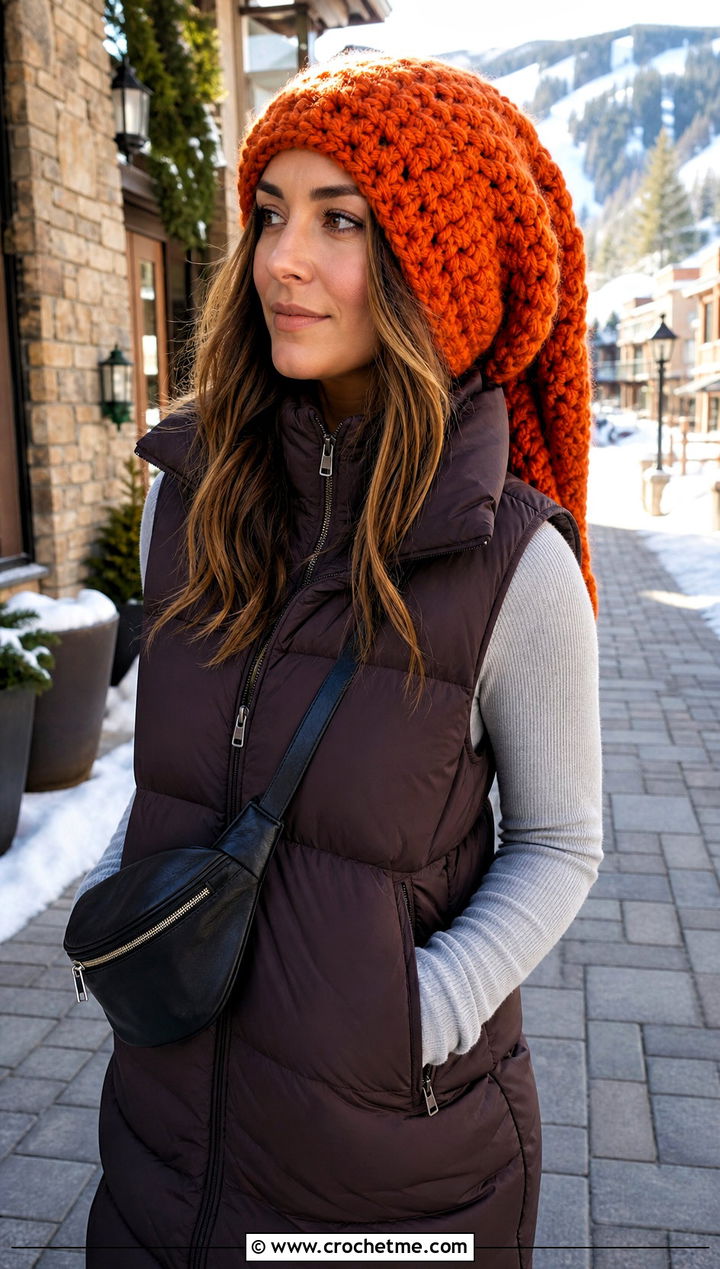 Chunky Crochet Long Stocking Cap With Puffer Vest - 20 Crochet Long Stocking Cap outfit ideas