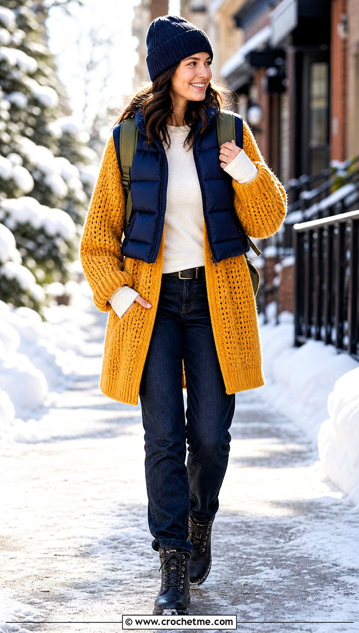 Chunky Crochet Long Sweater With Puffer Vest - 35 crochet long sweater outfit ideas