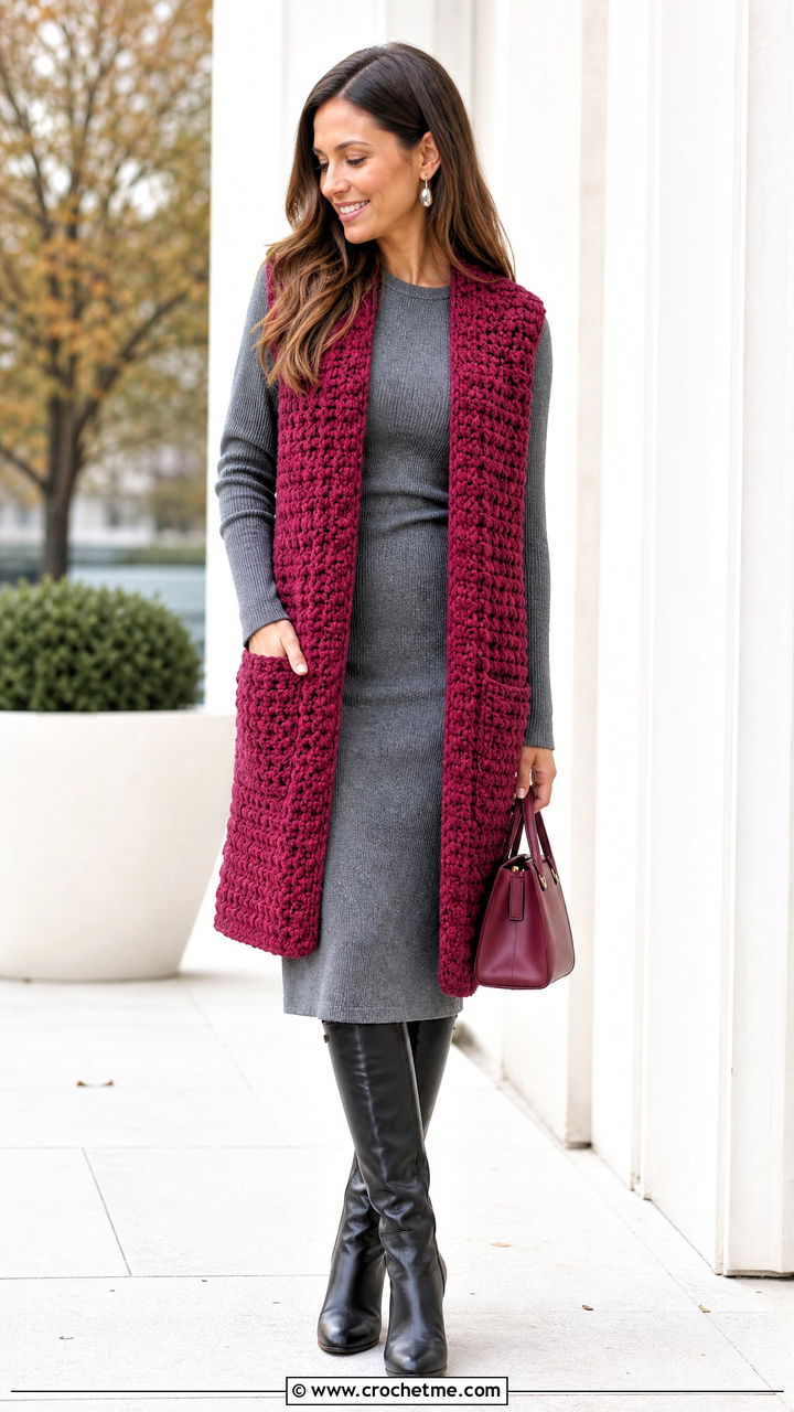 Chunky Crochet Long Vest With Knit Dress - 35 Crochet Long Vest outfit ideas