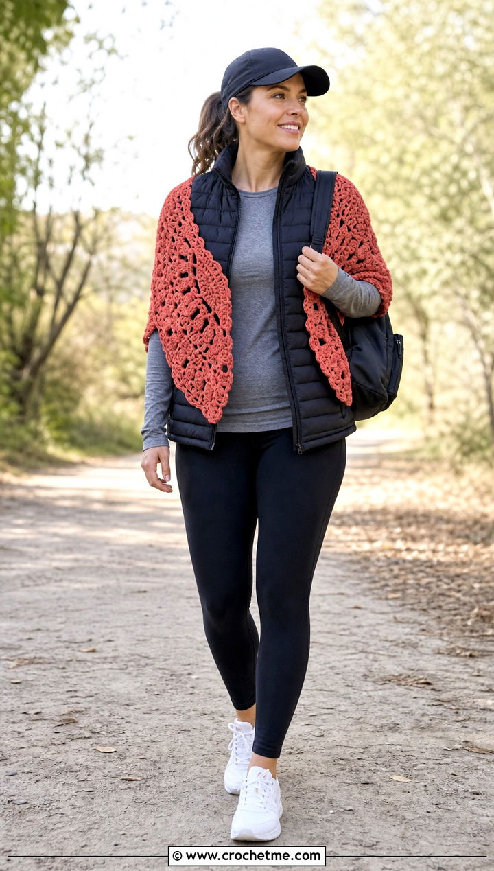 Chunky Crochet Mandala Shawl With Puffer Vest - 25 Crochet Mandala Shawl outfit ideas