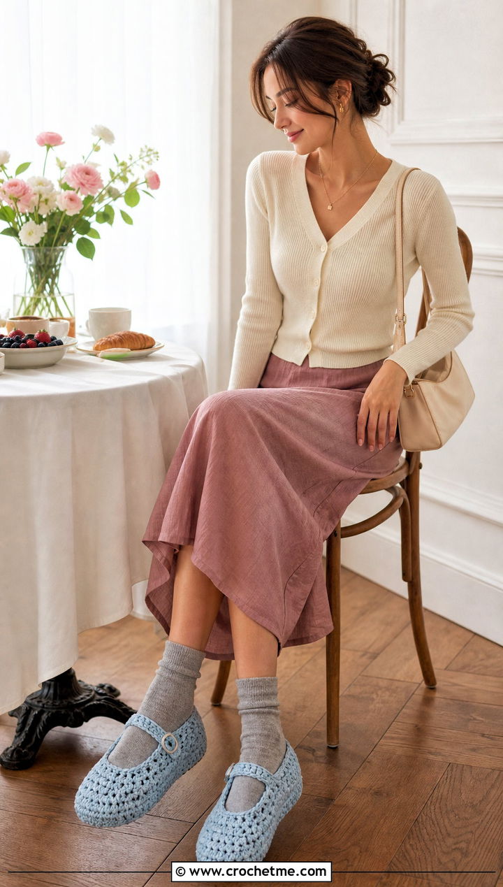 Chunky Crochet Mary Jane Slippers With Midi Skirt - 30 chunky crochet slippers outfit ideas
