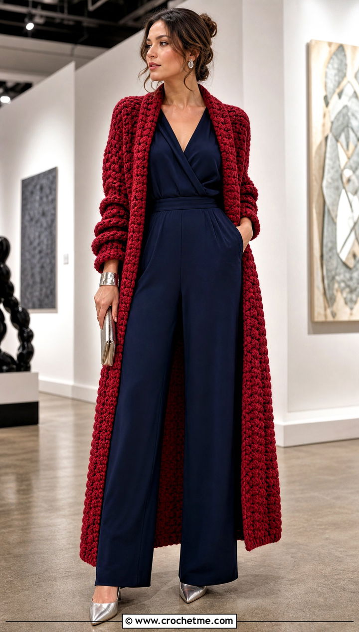 Chunky Crochet Maxi Coat With Wide Leg Jumpsuit - 25 Chunky Crochet Coat outfit ideas