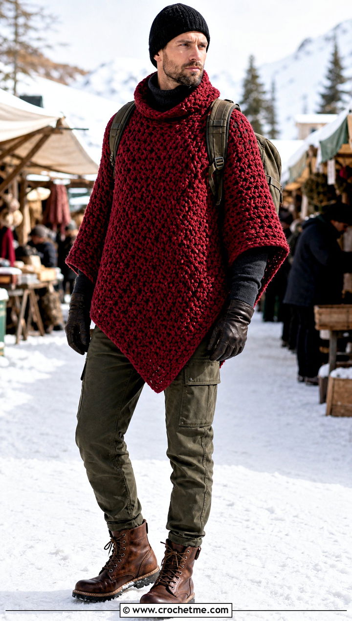 Chunky Crochet Mens Poncho With Utility Trousers - 25 crochet men's poncho outfit ideas