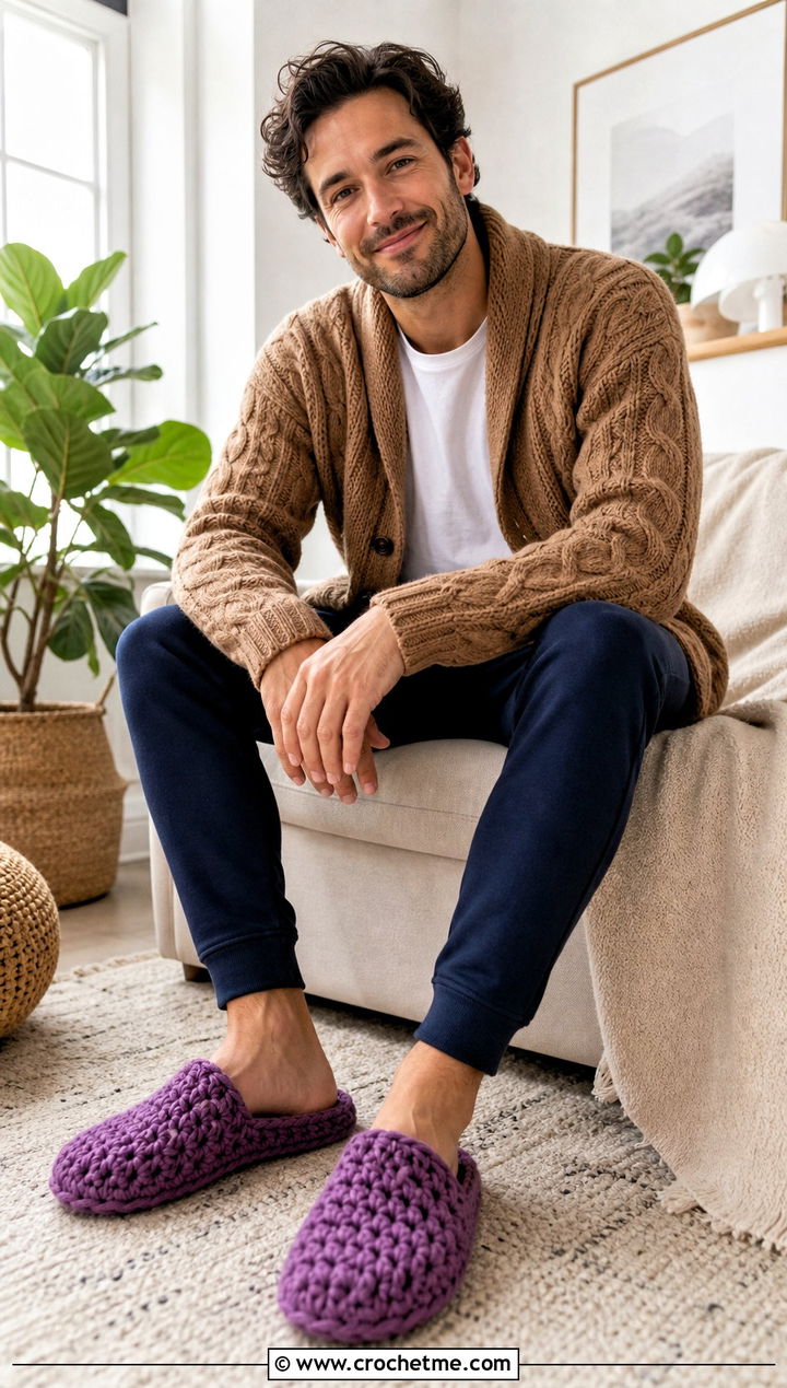 Chunky Crochet Mens Slippers With Weekend Loungewear - 30 crochet men's slippers outfit ideas