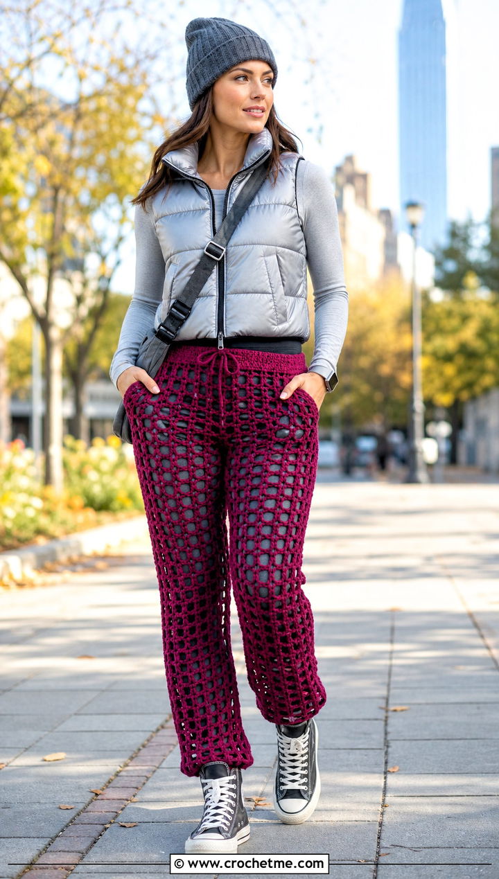 Chunky Crochet Mesh Pants With Puffer Vest - 35 crochet mesh pants outfit ideas