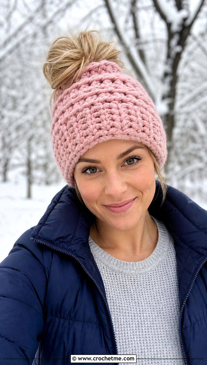 Chunky Crochet Messy Bun Hat With Puffer Jacket - 30 crochet hat with ponytail hole outfit ideas