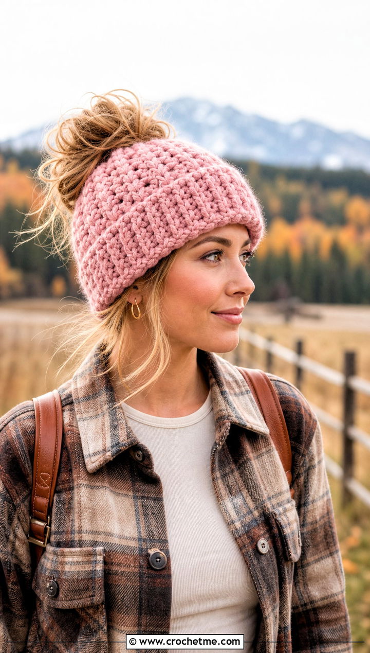 Chunky Crochet Messy Bun Hat With Shacket - 20 easy crochet ponytail hat outfit ideas