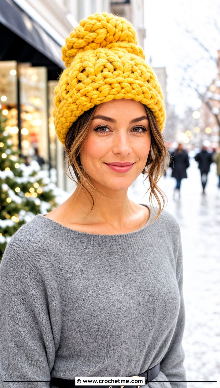 Chunky Crochet Messy Bun Hat With Sweater Dress - 15 Easy Crochet Messy Bun Hat outfit ideas