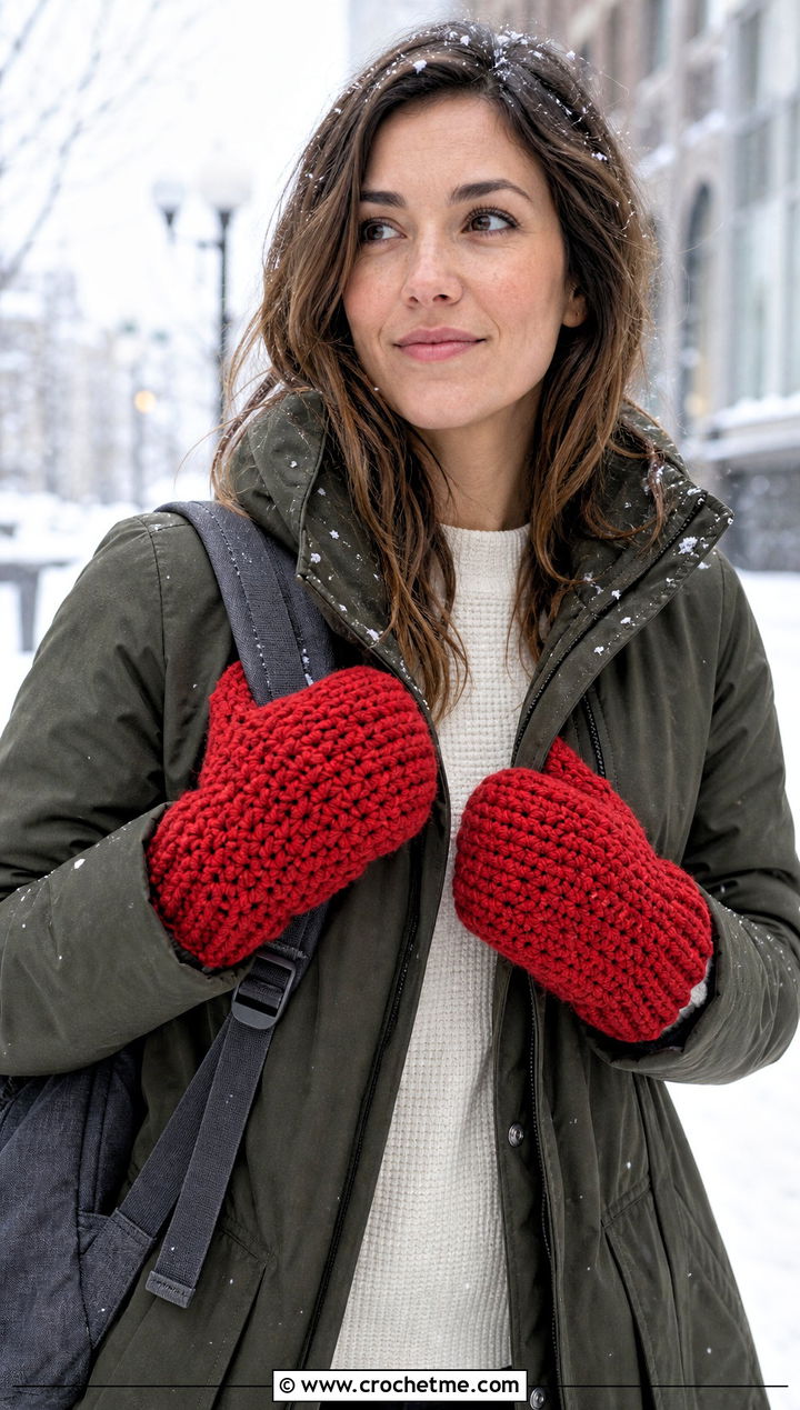 Chunky Crochet Mitten Gloves With Parka - 25 crochet glove outfit ideas