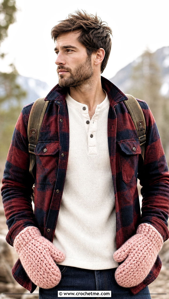 Chunky Crochet Mittens With Flannel Shirt Jacket - 25 Mens Crochet Mittens outfit ideas