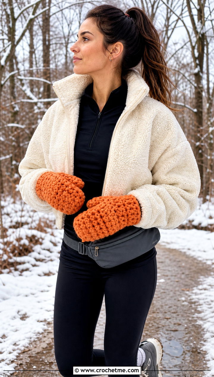 Chunky Crochet Mittens With Fleece Jacket And Leggings - 25 Easy Crocheted Mittens outfit ideas